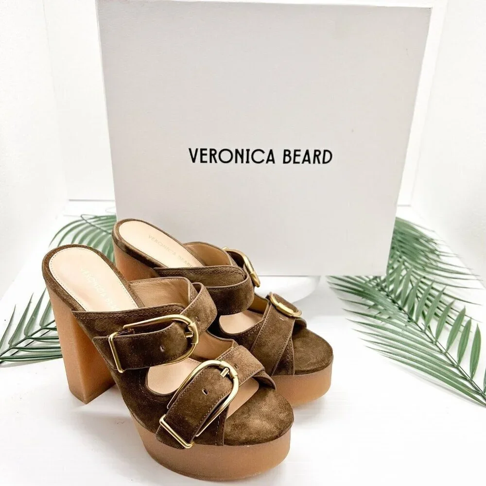 Veronica Beard Garrick Brown Suede Dual Buckle Platform Sandals Size 6.5M NWB